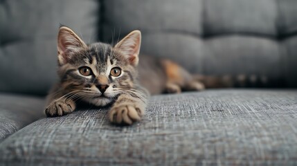 Wall Mural - Lovely tiny feline on a gray couch