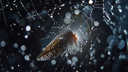Wall Mural - Luminous key with feathers emerging from a spiderweb set against a black backdrop featuring bokeh