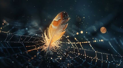 Wall Mural - Luminous key with feathers emerging from a spiderweb set against a black backdrop featuring bokeh