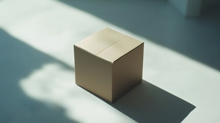 Wall Mural - A single, closed cardboard box sits on a white surface with sunlight shining on it.