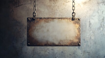 Blank rusty metal sign hanging on chains against a concrete wall.