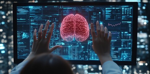 Aufkleber - A woman's hands reaching out to a digital brain on a computer screen.