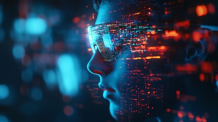 Aufkleber - A young person wears augmented reality glasses with data streaming through the lenses, looking to the future.