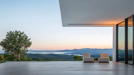 Wall Mural - Elegant modern terrace overlooking a serene landscape at sunset, showcasing nature's beauty