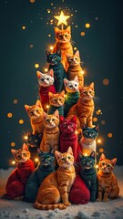  Christmas tree from cats made against festive background with glitter, Multicolour hundreds cats stack in shape of tall Christmas tree with golden glowing garland lights.