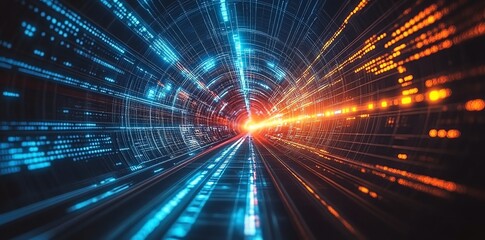 Fototapete - Abstract digital tunnel with glowing blue and orange lines, resembling data flow or a futuristic pathway.
