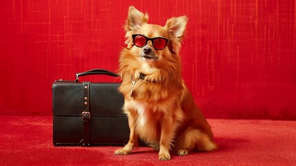 Wall Mural - On a red carpeting a fashionable canine donning spectacles and a briefcase