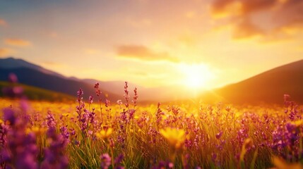 Wall Mural - Vibrant Field of Wildflowers at Sunset