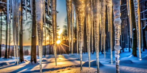 Wall Mural - Icicles hanging in a forest with the sun rising behind them, nature, winter, cold, frost, sunlight, morning, sunrise, frozen