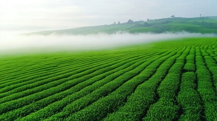 Wall Mural - Misty Morning Over Sprawling Tea Fields in Fog