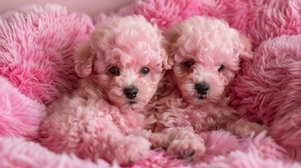 Wall Mural - On the plush bed two adorable dark pink poodle puppies nestled up