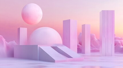 Canvas Print - A surreal landscape featuring geometric shapes and soft pastel colors, evoking a dreamy, futuristic atmosphere.