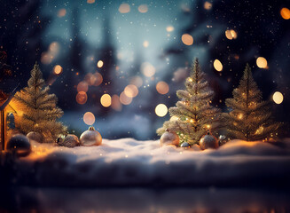 Wall Mural - A snowy winter scene with decorated pine trees illuminated by string lights and warm golden orbs.