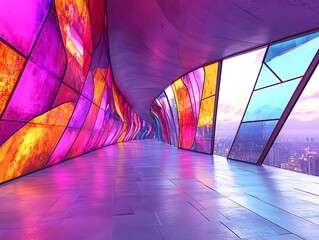 Poster - Futuristic hallway with colorful stained glass windows and a view of a city skyline.