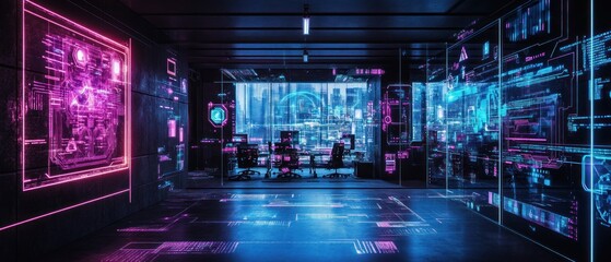A futuristic tech workspace with holographic displays and digital interfaces.