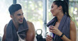 © peopleimages.com - Happy couple, gym and talking on break, towel and training with rest, exercise and wellness in morning. People, man and woman with partnership, workout and tired at fitness club with conversation