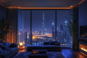 Aufkleber - Modern living room with a panoramic view of a city skyline at night.
