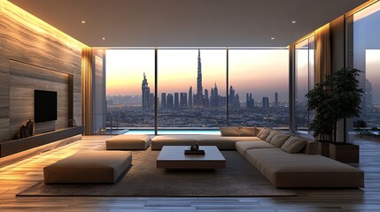 Aufkleber - Modern living room with a panoramic view of a city skyline at sunset.