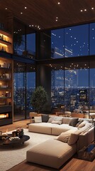 Aufkleber - Modern living room with large windows offering a panoramic view of the city skyline at night.