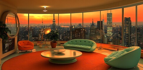 Aufkleber - Modern living room with panoramic city view at sunset, featuring a large window, a teal sofa, a round coffee table, and an orange armchair.