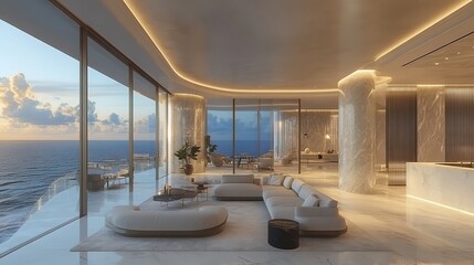 Aufkleber - Modern living room with panoramic ocean views and luxurious furniture.