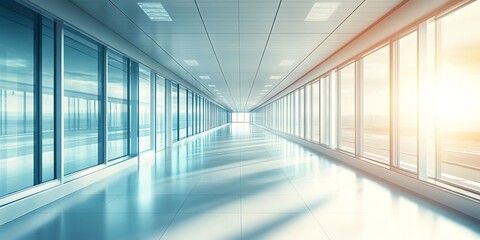 Poster - Modern office hallway with glass windows and bright sunlight streaming through.