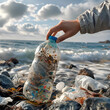 © Elba Cabrera - A close-up photograph captures a hand reaching down to grab a clear plastic bottle, filled with debris, on the shore of a beach.