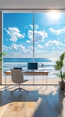 Aufkleber - Modern office with large windows overlooking the ocean.