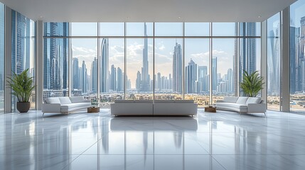 Poster - Modern office lounge with panoramic city view through large windows.