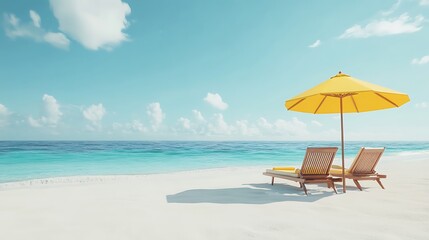 Canvas Print - A serene beach scene featuring two lounge chairs under a yellow umbrella by the turquoise sea.