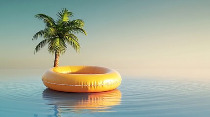 Canvas Print - A serene scene featuring a floating orange inflatable ring beside a palm tree in calm waters at sunset.