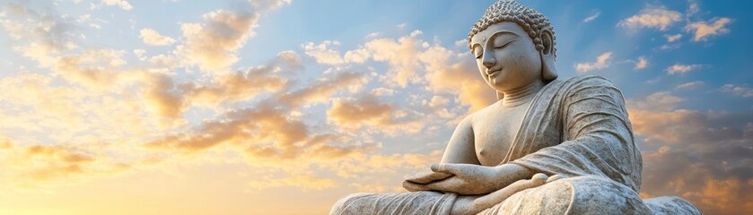 A serene Buddha statue against a vibrant sunset sky, symbolizing peace and reflection.