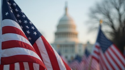 Wall Mural - American flags waving with the US Capitol building blurred in the background. Symbol of patriotism and democracy for design and print