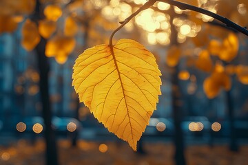 Yellow autumn leaf. A bright orange tree changes with a blurred bokeh background. Golden colors in the park on a light, sunny, and warm.