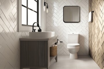 Modern Bathroom Interior Design with White Subway Tile and Wood Accents