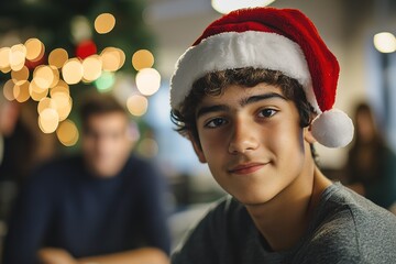 Wall Mural - Teen boy in Santa hat with blurred lights background