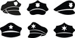 © M - Black police hat flat icons set. Police officer uniform item with badges. Realistic policeman uniform headgear vectors from law and justice for web and mobile apps isolated on transparent background.