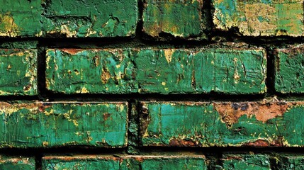 Wall Mural - A close-up of a weathered green brick wall with peeling paint and texture.