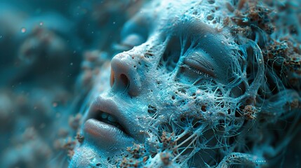 Surreal Abstract Art: Dreamlike Face Trapped in a Web of Blue