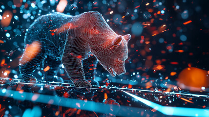 Aufkleber - digital wireframe bear stands in dynamic, futuristic setting with vibrant lights and particles, symbolizing strategic investment themes