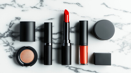 Wall Mural - Assorted cosmetics on a marble surface including red lipstick, lip gloss, compact powder, and jars of makeup in sleek black packaging