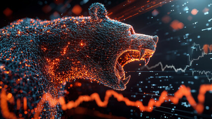 Poster - dynamic illustration of bear in turbulent financial market, with glowing lines and graphs symbolizing volatility and bearish trends