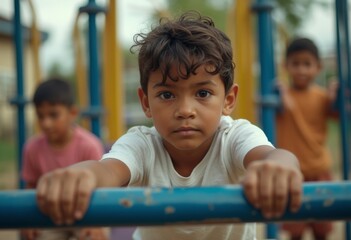 brazilian children playing on playground equipment, engaging in turns