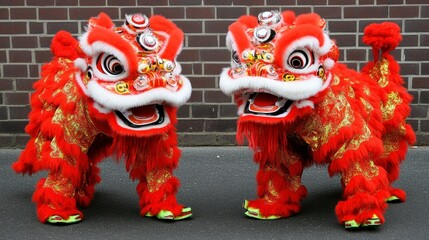 Two traditional Chinese lion dance costumes stand facing each other against a brick wall.