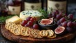 © boler - A wooden charcuterie board with crackers, cheese, grapes, and figs.