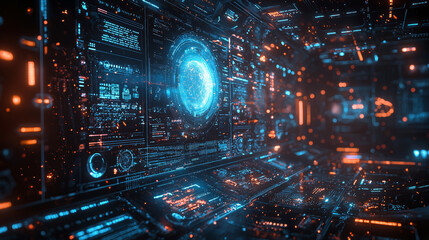 Wall Mural - futuristic digital interface with glowing blue and orange elements, showcasing cosmic exploration to