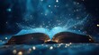 © ciaoaleandro - Open magic book with warm glowing lights on dark blue background. Concept of Fantasy, Mystery, Wisdom, Magical