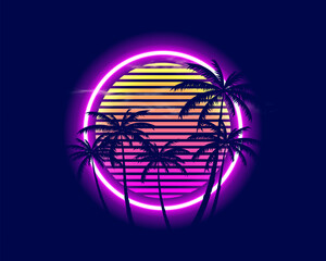 80s futuristic landscape concept. Sunset with palm trees. Vector illustration.