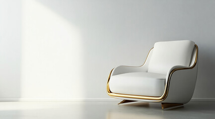 A white armchair with a gold trim sits in a modern living room, bathed in the soft glow of natural light filtering through a nearby window