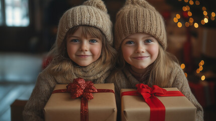 Wall Mural - Cute little children with Christmas gifts in living room